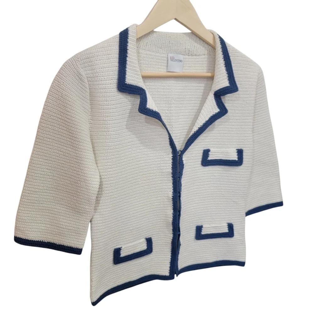 Red Valentino Woven Cardigan Blazer Cream Blue Knit Jacket Women’s XS - Picture 4 of 17